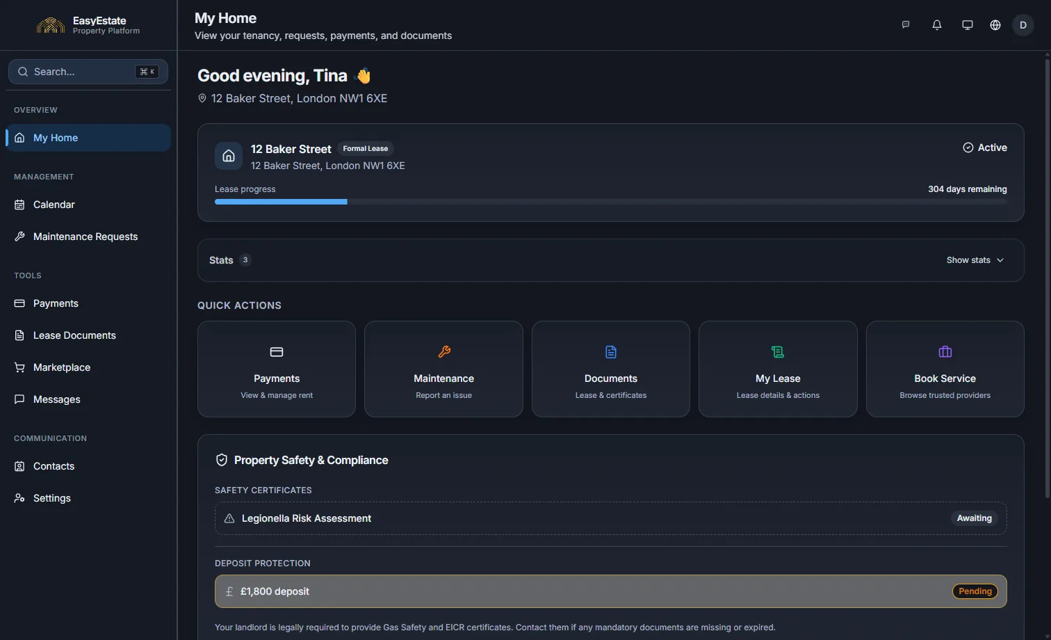 Tenant home screen with lease progress, quick actions and property safety and deposit status